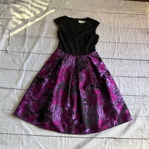 Eliza J purple black floral jacquard fit and flare dress size 6